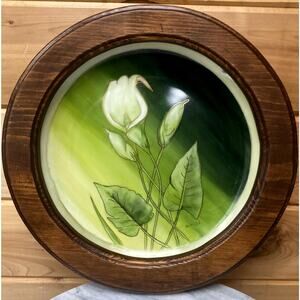 Vintage Botanical Ceramic Wall Art, Signed 1984, Framed Green Floral Plate